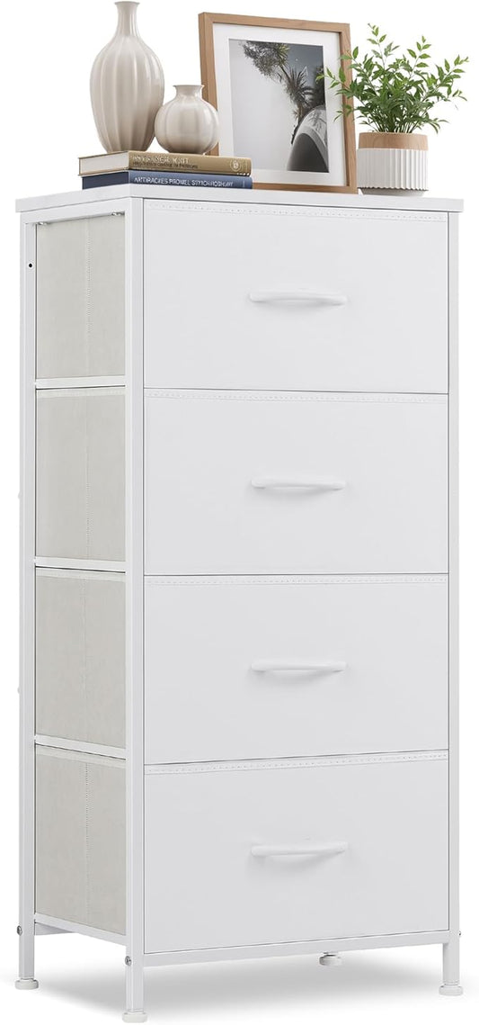 4 Drawers Dresser for Bedroom, Fabric Storage Tower Organizer with Wooden Top and Steel Frame, Tall Chest of Drawers for Closet, Entryway, Dorm, Ivory White