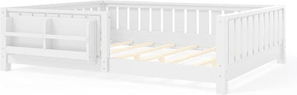Bellemave Full Floor Bed with high Rails and with Built-in Bookshelf for Kids, Girls, Boys, Wood Montessori Floor Bed Without Door, White