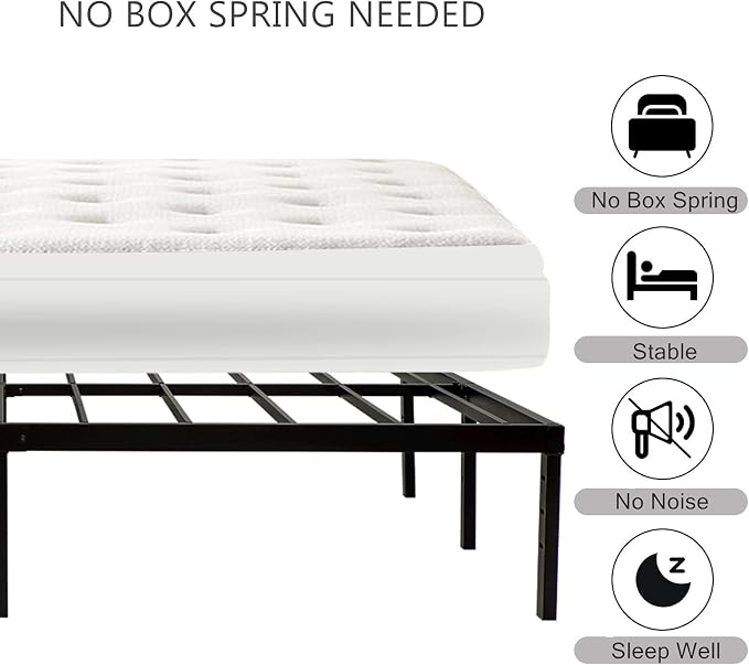 Wulanos Queen Size Bed Frame with Steel Slats Support, Sturdy and Durable, No Box Spring Needed, 16 Inch High 3500lbs Heavy Duty Metal Platform Frames with Storage, Noise-Free, Black