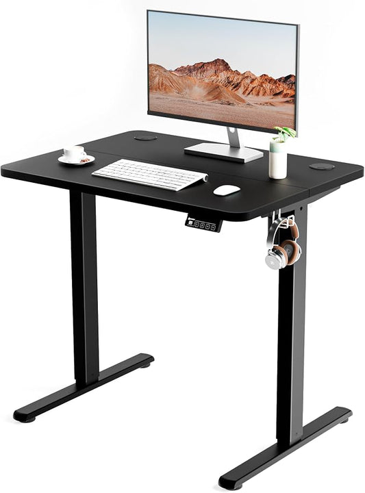 ERGOMAKER Electric Small Standing Desk, 31.5" x 23.6" Height Adjustable Sit Stand Desk with Splice Board for Home Office, Computer Desk Memory Preset (Black Frame, Black Desktop)