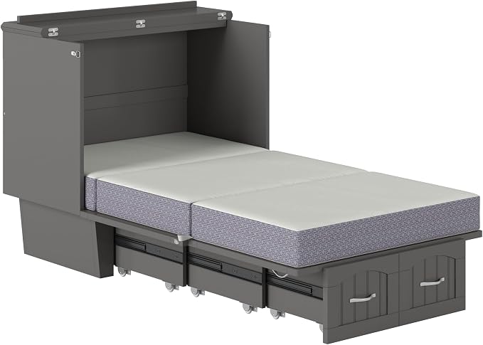 AFI, Nantucket Twin Murphy Bed Chest with Mattress, Storage Drawer and Built-In USB Charger, Grey