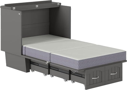 AFI, Nantucket Twin Murphy Bed Chest with Mattress, Storage Drawer and Built-In USB Charger, Grey
