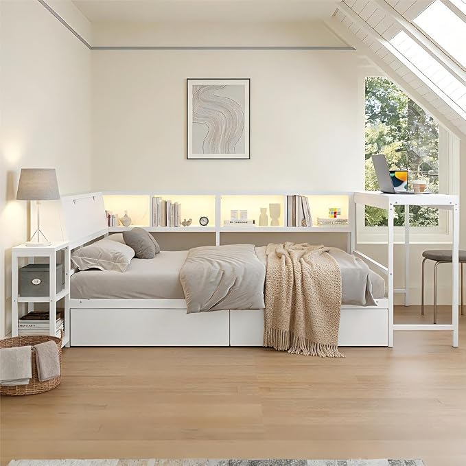 Bellemave Twin Corner Bed Frame with Storage Bookcase & 2 Drawers,Sturdy Metal Twin Daybed with LED Lights & Charging Station, Reversible Twin Corner Bed with Desk for Space-Saving, White