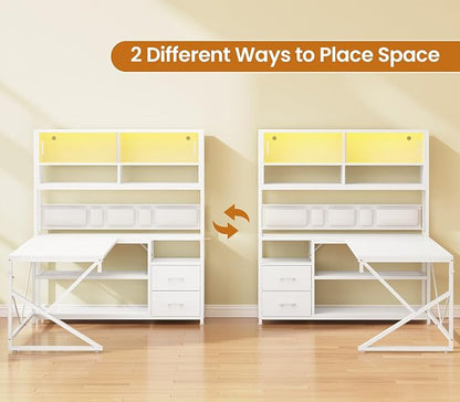 SEDETA L Shaped Gaming Desk, Home Office Computer Desk with 2 Drawer and Bookshelf, L Shaped Gaming Corner Desk with LED Light, Glass Cabinet,Storage Bag and Storage Shelves, White