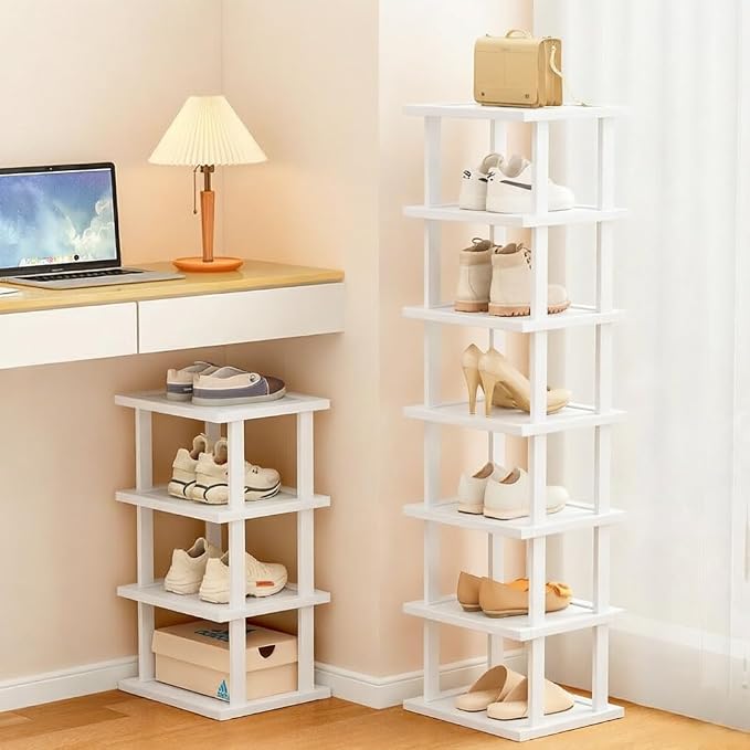 SAN HE Bamboo Shoe Rack 5Tier- Vertical White Shoe Rack for Small Spaces, Tall Narrow Shoe Rack Organizer for Closet Entryway Corner Garage and Bedroom,Skinny Shoe Shelf with Free Stackable DIY