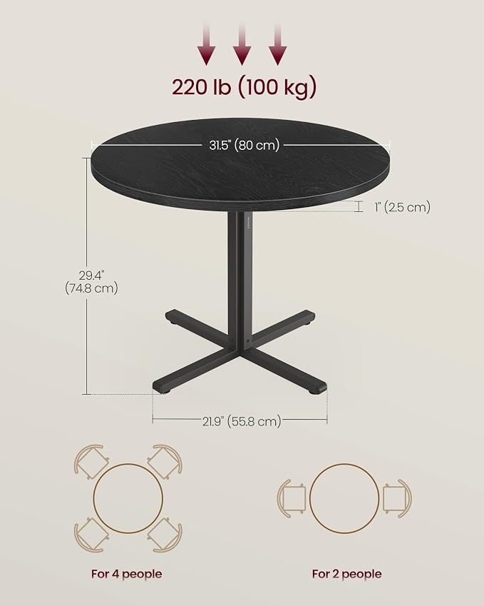 VASAGLE Dining Table, Small Round Kitchen Table for 4 People, 31.5 x 29.4 Inches, for Dining Room, Living Room, Modern, Water-Resistant, Ebony Black UKDT082B101S
