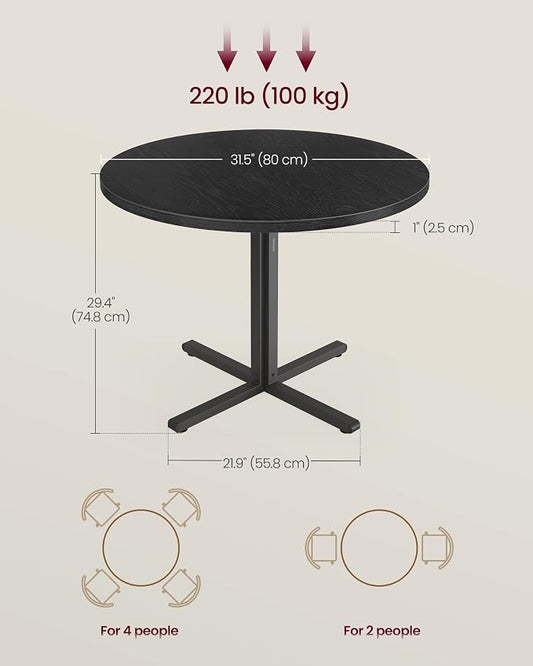 VASAGLE Dining Table, Small Round Kitchen Table for 4 People, 31.5 x 29.4 Inches, for Dining Room, Living Room, Modern, Water-Resistant, Ebony Black UKDT082B101S