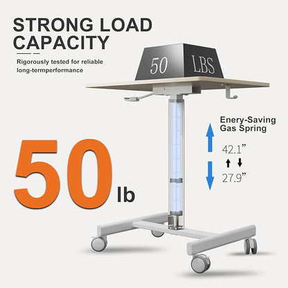 18.9*25.6 inch Mobile Standing Desk,T Shaped Pneumatic Adjustable Height Stand Up Desk,with Lockable Wheels,Ergonomic Standing Side Table for Home Office Work Computer Workstation MAPLE+WHITE