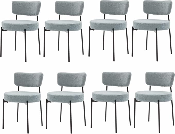 Boucle Dining Chairs Set of 8, Grey Mid Century Modern Kitchen Dining Room Chairs with Curved Backrest and Metal Frame, Round Upholstered Dining Chairs for Kitchen, Living Room