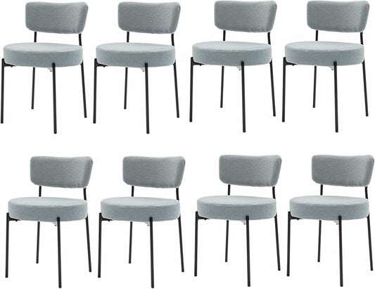 Boucle Dining Chairs Set of 8, Grey Mid Century Modern Kitchen Dining Room Chairs with Curved Backrest and Metal Frame, Round Upholstered Dining Chairs for Kitchen, Living Room
