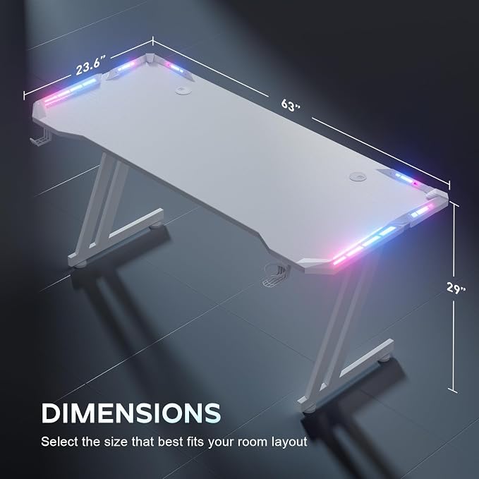 HLDIRECT 63 Inch Gaming Desk with LED Lights Carbon Fibre Surface Gaming Table Large Computer Desk Ergonomic Home Office Desks Z Shaped PC Gamer Workstations with Cup Holder & Headphone Hook White