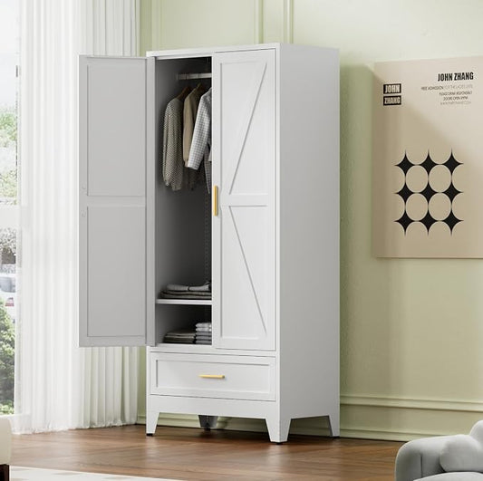 COFaR 71 Farmhouse Metal Wardrobe Closet with Hanging Rod, 2 Barn Doors, Adjustable Shelves, Steel Armoire with Drawer for Home, Bedroom White