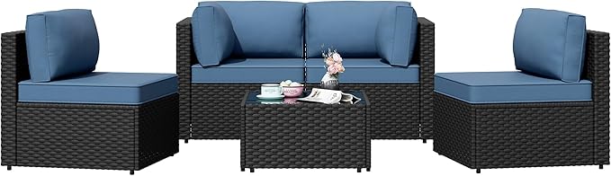 Patio Furniture Sets, 5 Piece Outdoor Sectional Sofas, Wicker Rattan Outdoor Furniture Patio Conversation Set, All-Weather PE Rattan Outdoor Couch for Backyard, Garden, Black & Aegean Blue