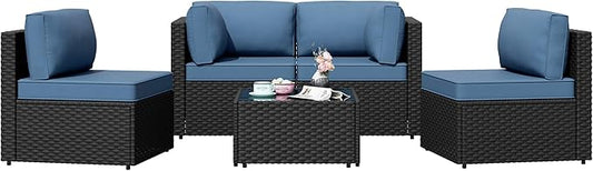 Patio Furniture Sets, 5 Piece Outdoor Sectional Sofas, Wicker Rattan Outdoor Furniture Patio Conversation Set, All-Weather PE Rattan Outdoor Couch for Backyard, Garden, Black & Aegean Blue