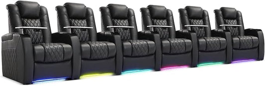 Weilianda Home Theater Seating Top Grain Leather Zero Gravity Recliner Chair Power Headrest Recline Movie Seat Gaming 7 Colors Mood Light Sofa with Tray Table USB Charge Row of 6 Black