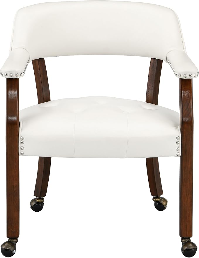 LEEMTORIG Set of 6 Large Dining Chairs with Casters and Arms, Rolling Dining Chairs with Wheels, Solid Wood Office Desk Chairs, 26“Dx25.2 Wx31.5“H, Cherry Legs & Ivory, SY-1533-WT