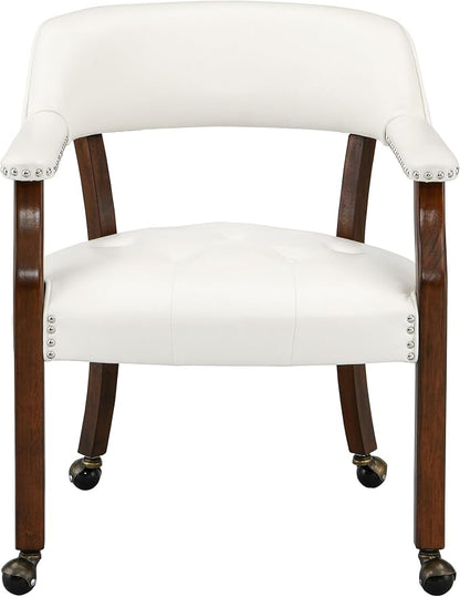 LEEMTORIG Set of 6 Large Dining Chairs with Casters and Arms, Rolling Dining Chairs with Wheels, Solid Wood Office Desk Chairs, 26“Dx25.2 Wx31.5“H, Cherry Legs & Ivory, SY-1533-WT