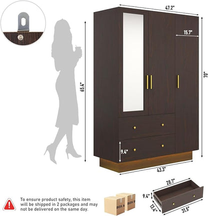 jiteentarou 3 Door Wardrobe Closet with Mirror & LED Lights, Bedroom Armoire with Drawers & Shelves, Farmhouse Wooden Armoire Wardrobe Closet with Hanging Rod for Bedroom, Brown