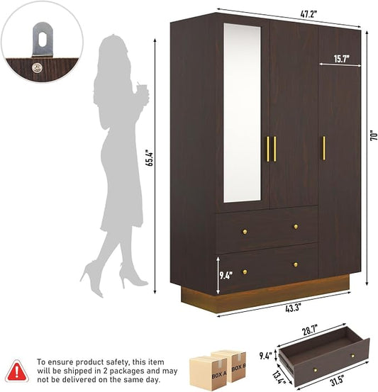 jiteentarou 3 Door Wardrobe Closet with Mirror & LED Lights, Bedroom Armoire with Drawers & Shelves, Farmhouse Wooden Armoire Wardrobe Closet with Hanging Rod for Bedroom, Brown
