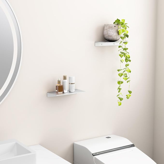 Danpoo 8 inch Small Floating Shelves for Wall Organizer & Storage, Mini Display Shelves, Metal Wall Shelves for Bathroom, Living Room, Kitchen, Bedroom(Silver, 2-Pack)