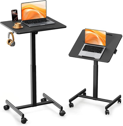 JOY worker Mobile Standing Desk, 23.6" x 20.5" Small Rolling Laptop Cart with 90° Tiltable Desktop, Portable Height Adjustable Sit-Stand Computer Desk on Wheels for Home Office, Black