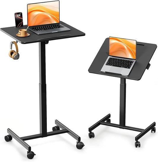 JOY worker Mobile Standing Desk, 23.6" x 20.5" Small Rolling Laptop Cart with 90° Tiltable Desktop, Portable Height Adjustable Sit-Stand Computer Desk on Wheels for Home Office, Black