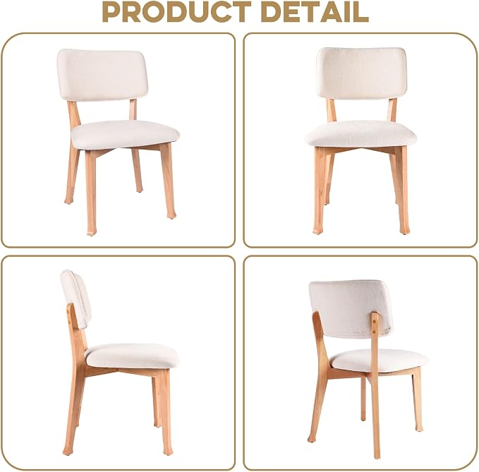 Wooden Dining Chairs Set of 6, Mid Century Modern Kitchen Chairs with Fabric Upholstered and Curved Backrest for Dining Room, Restaurant/Cafe, 300LBS Capacity, Natural