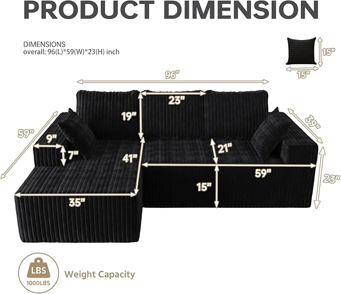 Cloud Boneless Sectional Couches with Oversized Chaise for Living Room, Modular L Shaped Couch with Deep Seat, Memory Foam Compressed 3 Seater Sofa for Apartment