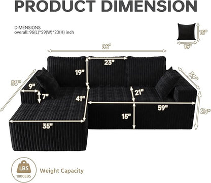 Cloud Boneless Sectional Couches with Oversized Chaise for Living Room, Modular L Shaped Couch with Deep Seat, Memory Foam Compressed 3 Seater Sofa for Apartment