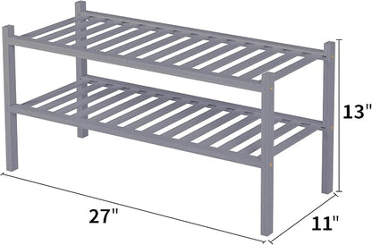 ROMGUAR CRAFT 2 Tier Bamboo Shoe Rack for Closet Free Standing Wood Shoe Shelf for Entryway Small Space Stackable 27"x11"x13" (Grey)