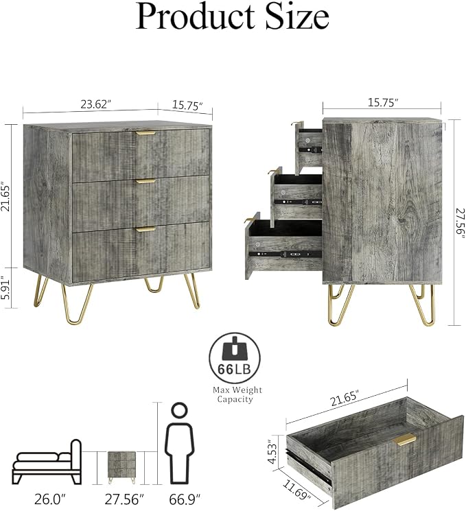 Grey Dresser for Bedroom, Modern Fluted 3 Drawer Dresser with Storage, Dresser Chest of Drawers with Gold Handles for Bedroom, Living Room, Closet, Hallway, 15.8" D x 23.6" W x 27.6" H