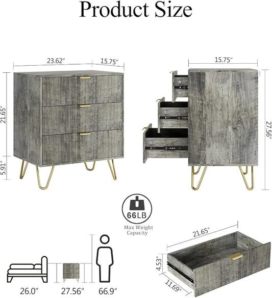 Grey Dresser for Bedroom, Modern Fluted 3 Drawer Dresser with Storage, Dresser Chest of Drawers with Gold Handles for Bedroom, Living Room, Closet, Hallway, 15.8" D x 23.6" W x 27.6" H
