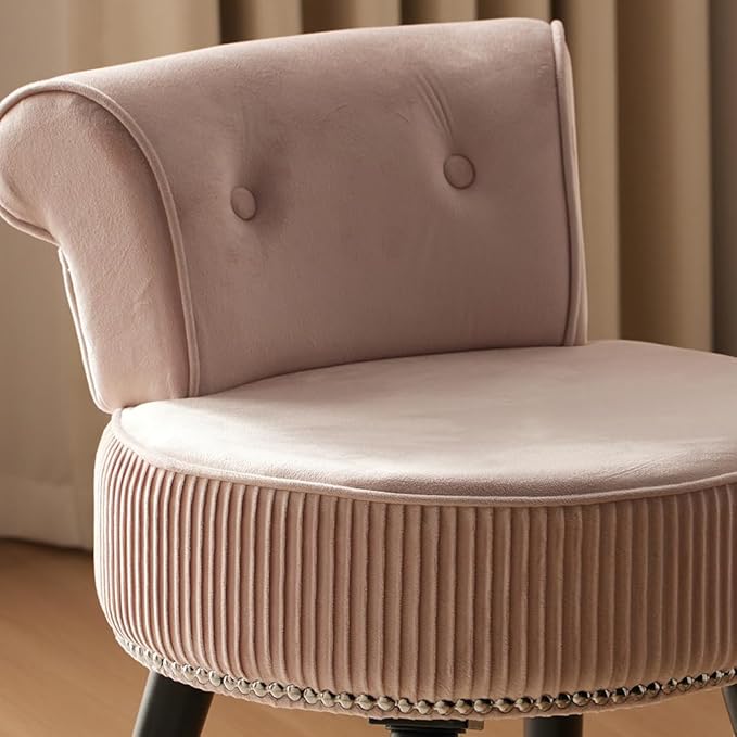 Vanity Chair with Back, Velvet Stool with Low Backrest & Silver Nailhead Trim, Round Vanity Seat for Bedroom and Bathroom Makeup, Support 220lbs, Easy Assembly (Pink)
