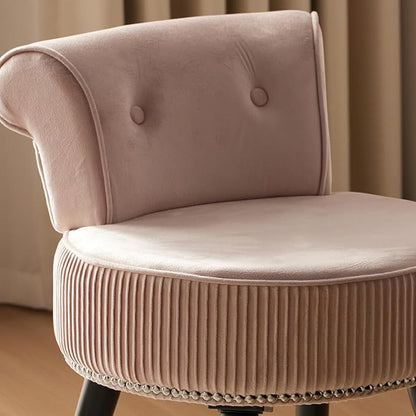 Vanity Chair with Back, Velvet Stool with Low Backrest & Silver Nailhead Trim, Round Vanity Seat for Bedroom and Bathroom Makeup, Support 220lbs, Easy Assembly (Pink)