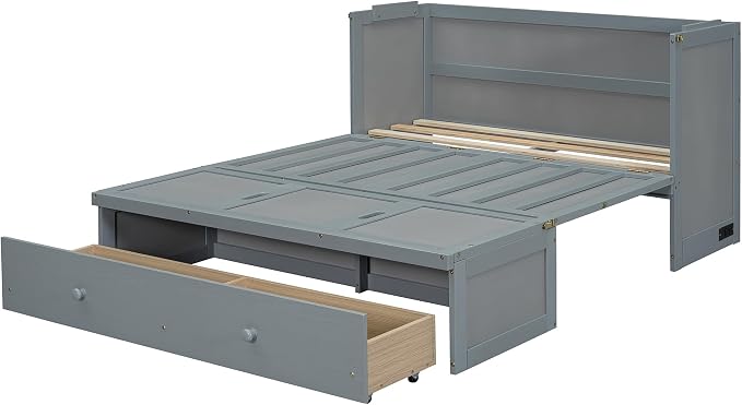 Merax Murphy Bed Cabinet Full Size with Storage Drawers, Chest Cube Bed for Guest Room, Built-in Sockets & USB Ports, for Home Office or Small Bedroom, Grey
