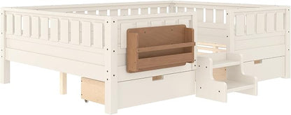 Bellemave Queen Size Kids Montessori Bed with Stairs and Bookshelf,Solid Wood Queen Size Kids Bed Frame with Drawers and Storage for Girls Boys,Low-Profile,Beige