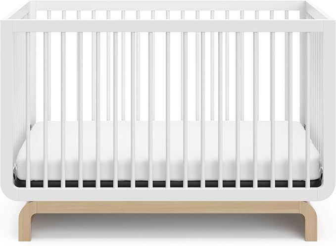 Storkcraft Santorini 5-in-1 Convertible Crib with Toddler Guardrail – GREENGUARD Gold Certified, Conversion Kit Included, 100% Solid Wood, Fits Standard Crib Mattress (White and Driftwood)