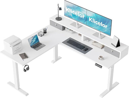 Klicelor L Shaped Electric Standing Desk 63 x 55.1 inch with Shelf, Height Adjustable Corner Desk, Sit Stand Desk with Storage Shelf, Home Office Computer Table, White