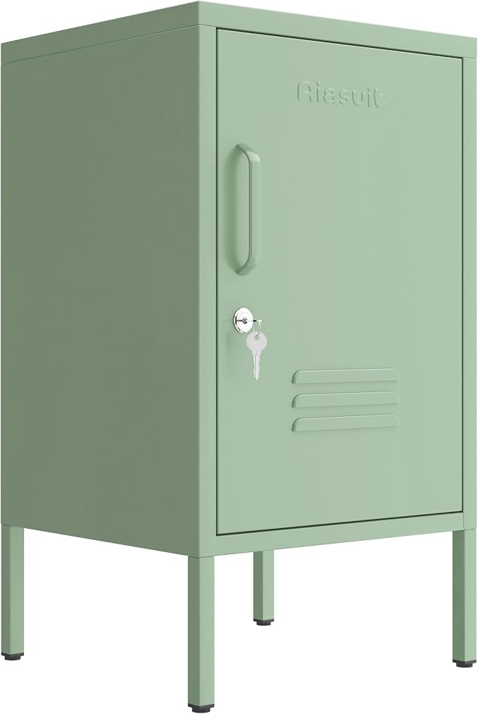 Single Door Lockable Metal End Table & Children's Bedside Table, 2-Tier Storage Cabinet with Adjustable Shelf, Easy Assembly Side Table for Living Room Bedroom Home Office Green