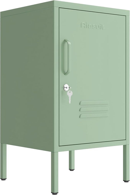 Single Door Lockable Metal End Table & Children's Bedside Table, 2-Tier Storage Cabinet with Adjustable Shelf, Easy Assembly Side Table for Living Room Bedroom Home Office Green