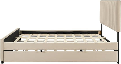 Ball & Cast Queen Bed Frame with Twin XL Size Trundle,Velvet Upholstered Platform Bed Frame Queen Size with Channel Tufted Headboard,Wood Slats Support,No Box Spring Needed,Easy Assembly,Beige