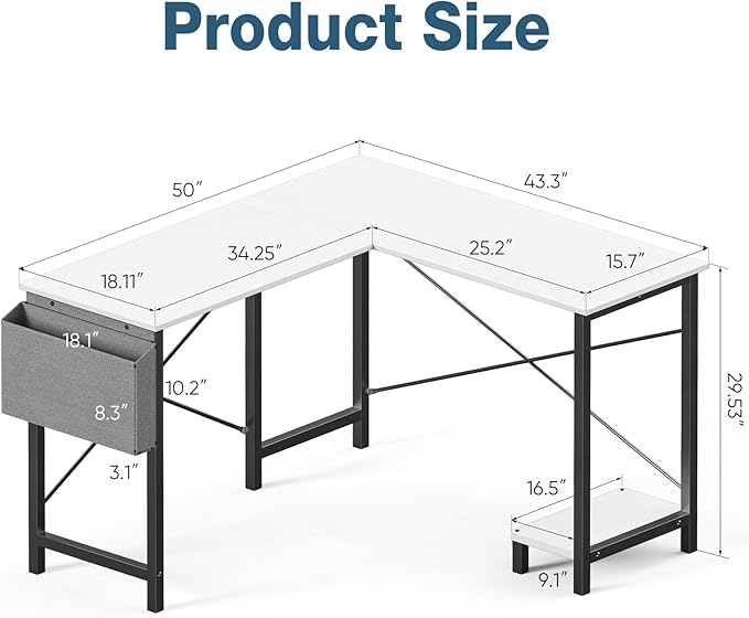 OLIXIS L Shaped Desk, 50-Inch Office Computer Gaming Desks Corner PC Table with Side Bag and Reversible Shelf for Home Work Study Writing White