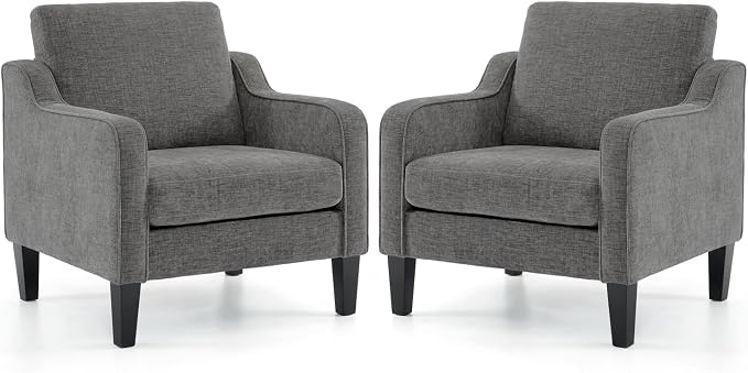 VINGLI Accent Chairs Set of 2 for Living Room, Light Grey Mid Century Modern Chair Soft Chenille Sofa Chair Upholstered Comfy Arm Chairs for Bedroom, Play Room, Apartment