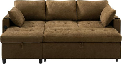 84" L-Shape Reversible Sectional Sofa Bed w/USB Port, Light Brown | Upholstery Sleeper Couch w/Adjustable Backrests & Storage Chaise, Chenille Modern Sofa w/Pull-Out Bed for Living Room