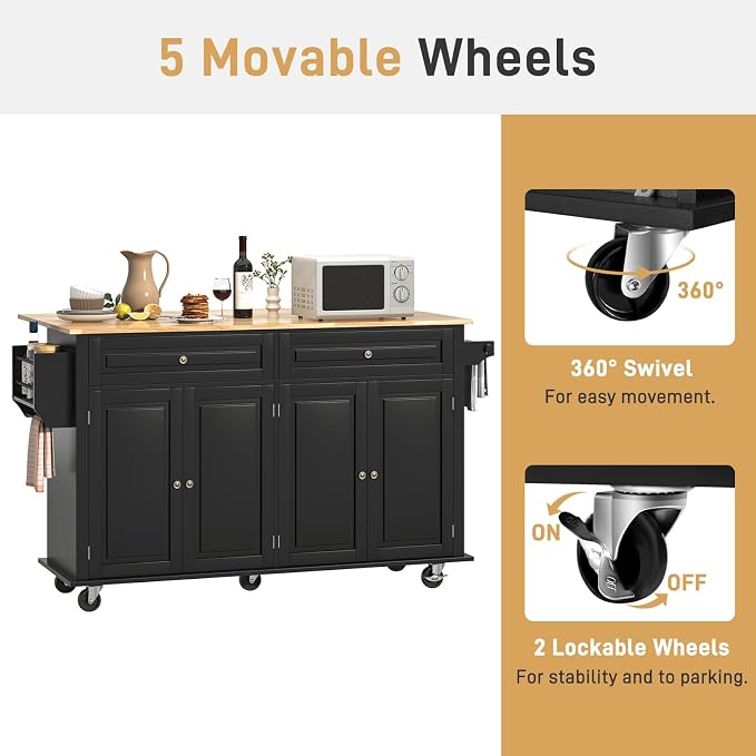 Hlivelood 63" Movable Kitchen Island with Drop Leaf and Power Outlet, Rolling Island Cart w/Storage Cabinet, Island Table on Wheels for Kitchen w/2 Drawers, Spice Rack, Towel Bar, Garage Hook, Black