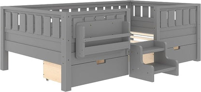 Bellemave Twin Montessori Bed with Stairs, Rails and Slats, Twin Size Montessori Floor Bed with Bookshelf and 2 Storage Drawers, Easy Assemble Beds Frame for Girls, Boys, Gray