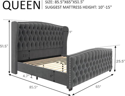 AMERLIFE Queen Size Platform Bed Frame, Velvet Upholstered Bed with Deep Button Tufted & Nailhead Trim Wingback Headboard/No Box Spring Needed/Grey