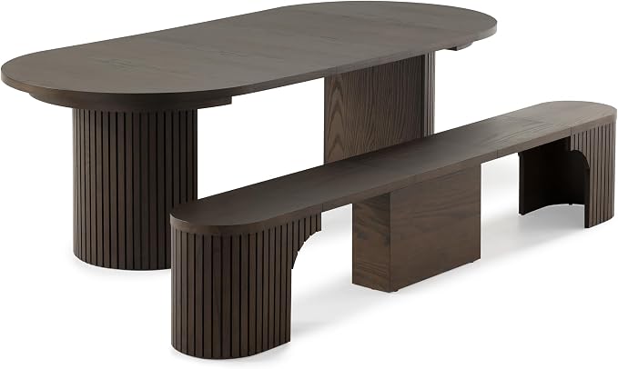 Transformer Table - Solid Wood Extendable Round Dining Table Set with Bench, Seats 4-10, Extendable Round Dining Set, Seat with Hidden Panel Storage, Dark Brown (Table + Bench)