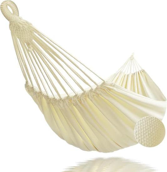 Double Hammock 500 lbs Load Capacity, Polyester Cotton Hammock, Suitable for Patio Porch, Garden and Backyard Relaxation, Indoor & Outdoor Use (Beige)