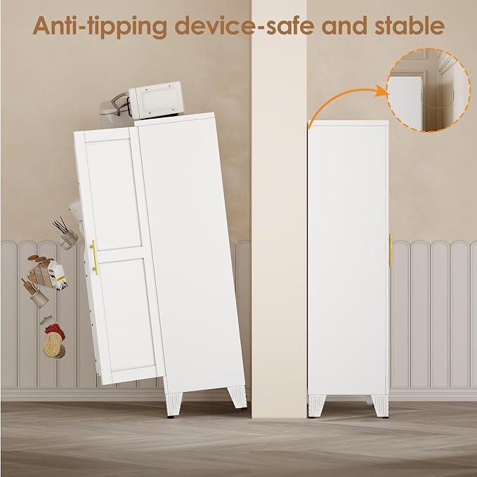 PAOFIN 47" Kitchen Pantry Cabinet, Metal Storage Cabinet with 3 Adjustable Layer Shelves, 8 Door Shelves, Buffet Sideboard for Living Room, Kitchen, White